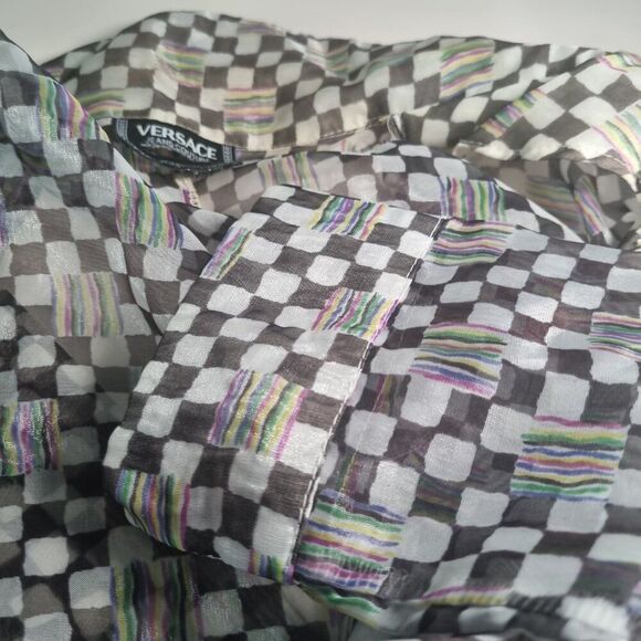 VERSACE Jeans Couture Sheer Checkered Print Blouse - Medusa Button - Size M - Picture 4 of 6